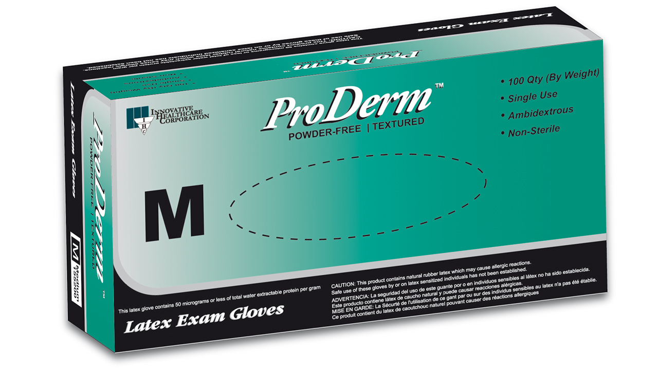 Gloves Exam Latex Powder Free NonSterile Textured Polymer Bonded Proderm® X-Small (100/BX 10BX/CS) by Innovative Healthcare Corp., Inc.  ID 155050